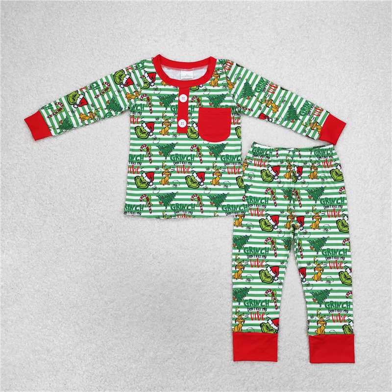 12.11 RTS NO MOQ (In stock)Matching Christmas BLP0507 Baby Boys Christmas Green Face Pocket Shirt Pants Pajamas Clothes Sets