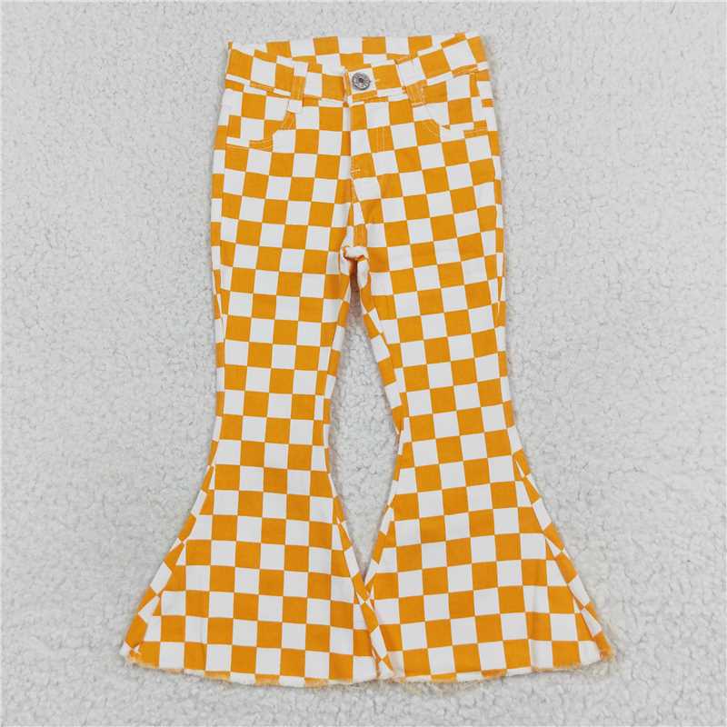 P0468 Baby Girls Orange Checkered Bell Flare Denim Pants