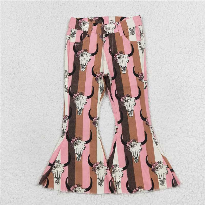 P0437RTS NO MOQ Baby Girls Denim Pants Baby Girls Aztec Western Cow Skull Bell Flare Denim Pants