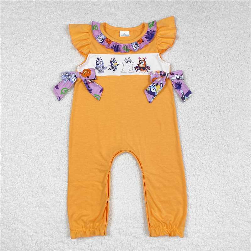 SR1796 Baby Infant Girls Dog Halloween Bows Flutter Sleeve Rompers