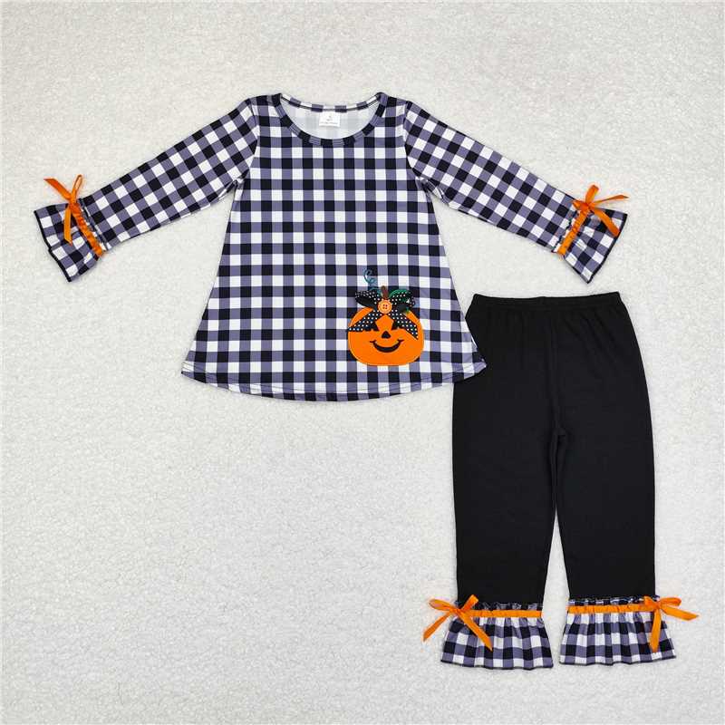 GLP1674Black plaid pumpkin top ruffle pants girls Halloween set
