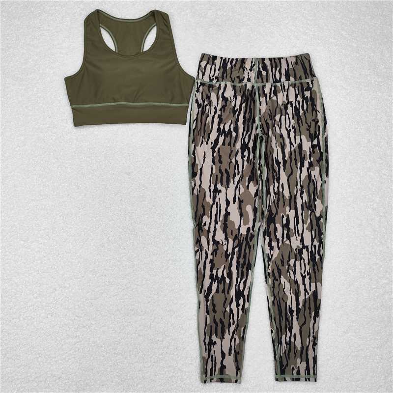 GSPO1666 Adult Women Green Vest Top Camo Branches Pants Yoga Sports Clothes Sets