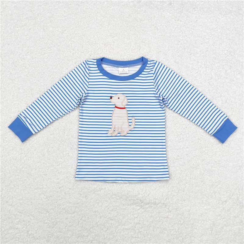 BT0808 Sibling Girls Boys Blue Stripes Dog Tops Dresses Rompers