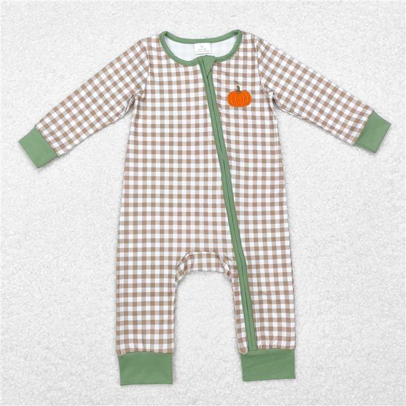 RTS LR1254 Embroidered Pumpkin Khaki Plaid Zipper Long Sleeve Bodysuit