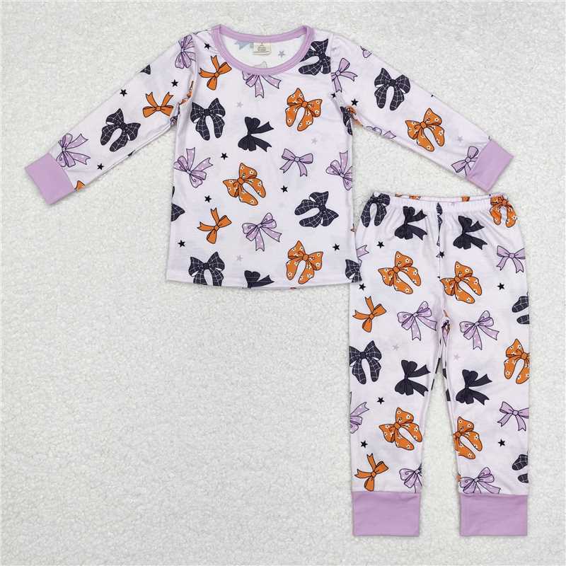 GLP1708Lavender spider stripe bow kids girls Halloween pajamas