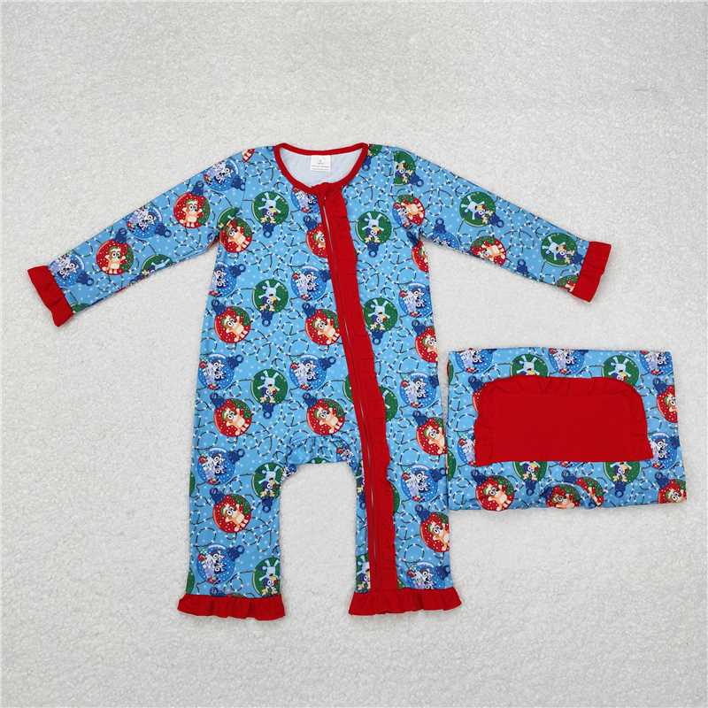 12.12 RTS NO MOQ (In stock)Matching Christmas LR1314 Baby Infant Girls Christmas Dogs Long Sleeve Zip Rompers
