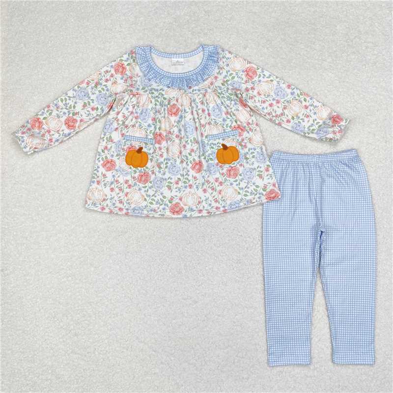 GLP1767Pumpkin pockets floral tunic plaid leggings girls fall set