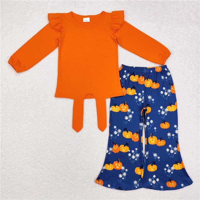 GLP1719Orange top pumpkin floral pants girls Halloween clothes