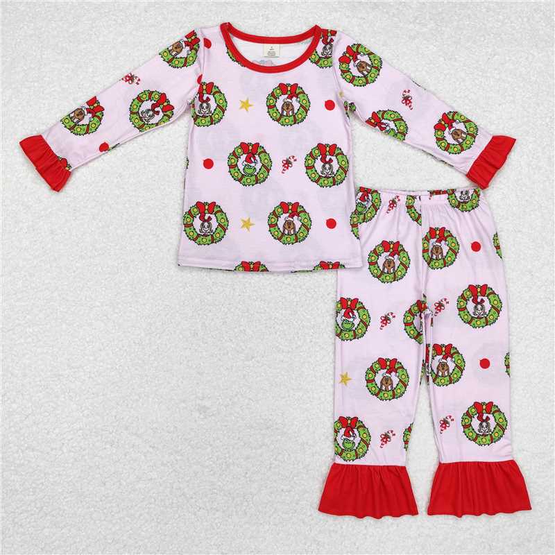 12.9 RTS NO MOQ (In stock)GLP1741 Baby Girls Christmas Pink Face Bamboo Pajamas Outfits Sets