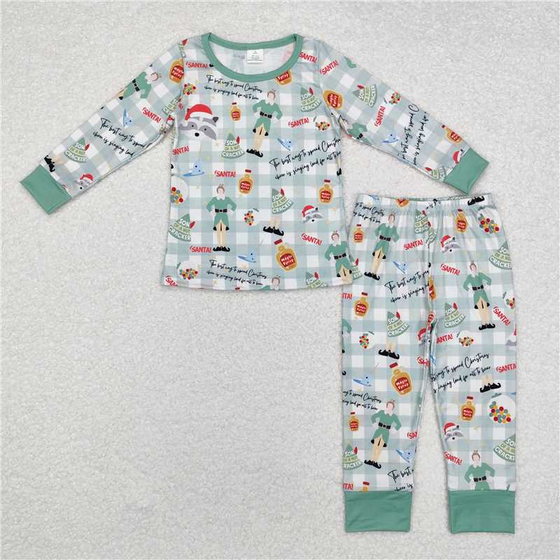 BLP0804Green hat plaid long sleeves kids boys Christmas pajamas