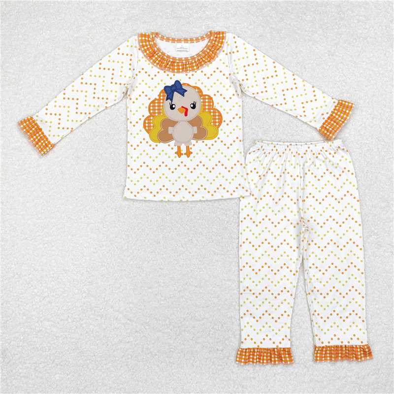 GLP1603Yellow polka dots turkey kids girls Thanksgiving pajamas