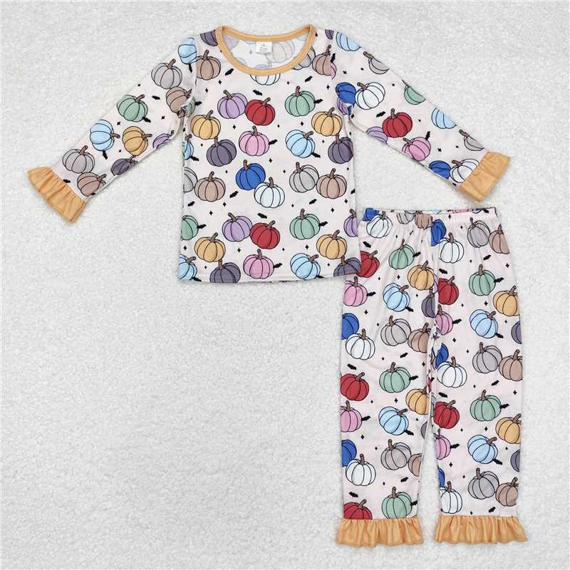 GLP1584Yellow ruffle colorful pumpkin kids girls bamboo fall pajamas