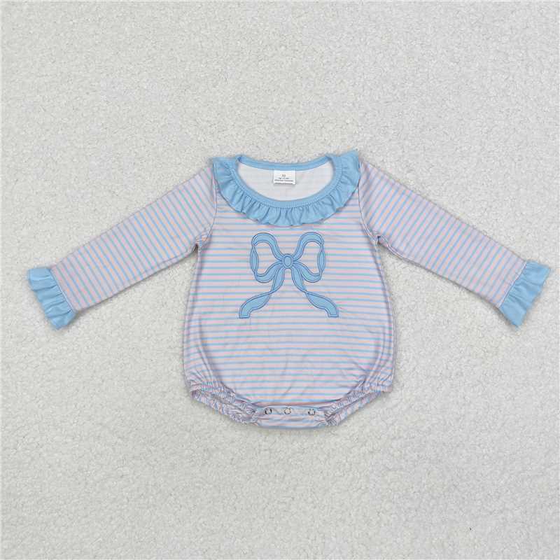 LR1379Long sleeves light blue bow stripe baby girls romper