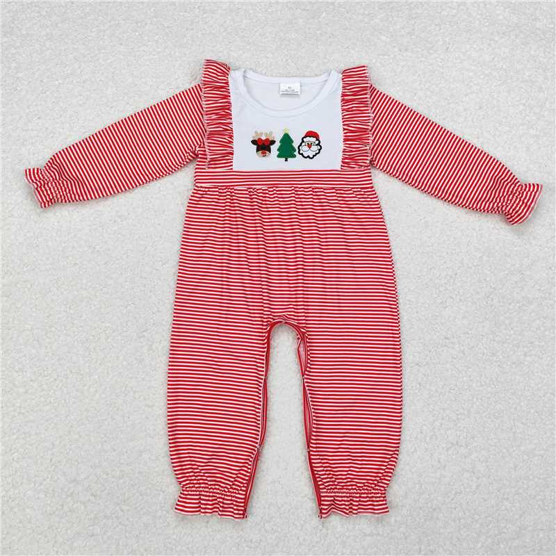12.1 RTS NO MOQ (In stock)LR1588 Baby Infant Girls Christmas Red Stripes Santa Deer Tree Rompers