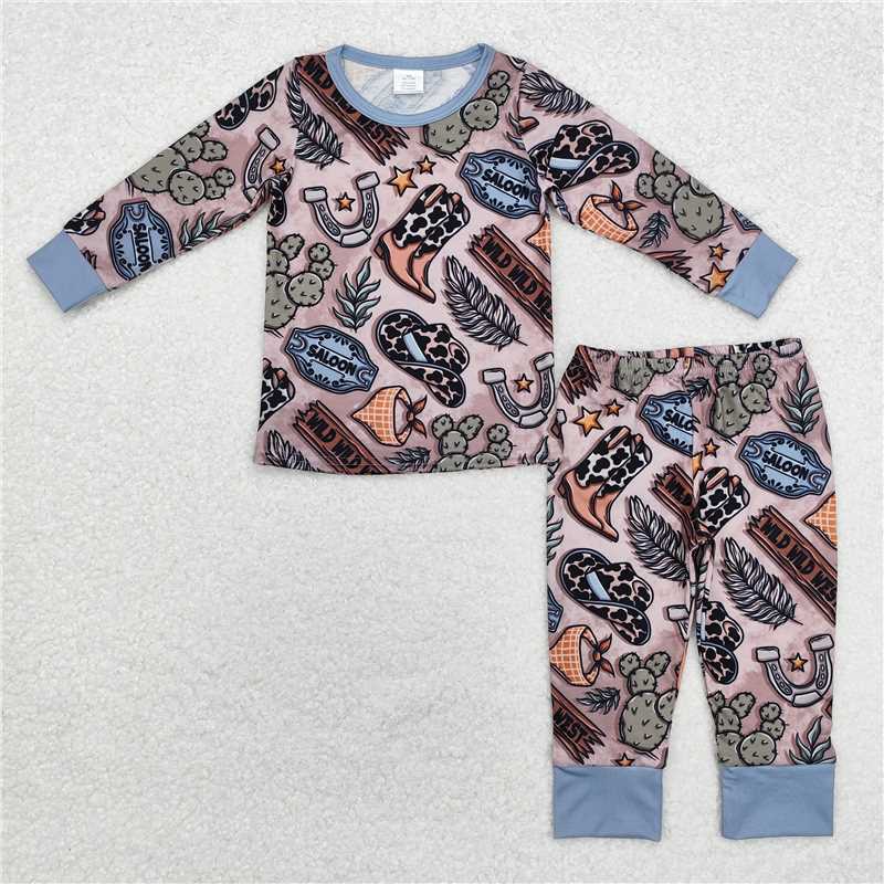 BLP0878Long sleeves wild west cactus kids boys western pajamas