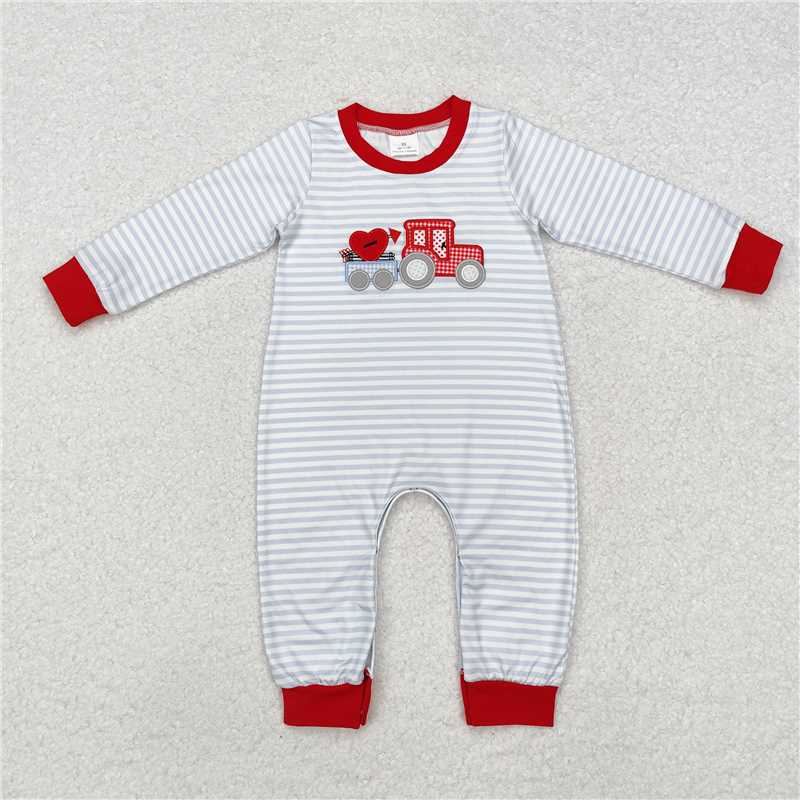 RTS LR1924 Embroidered heart tractor stripes red trim long sleeve jumpsuit