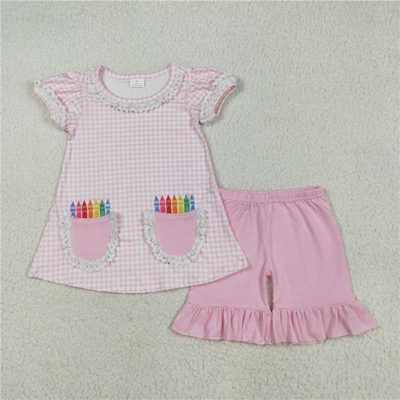 12.29 RTS NO MOQ (In stock)GSSO2388 Baby Girls Pink Plaid Pencils Pockets Tunic Ruffle Shorts Sets