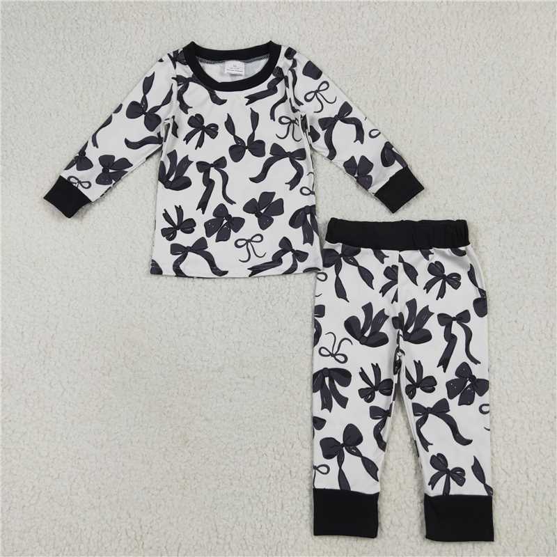 10.29 RTS NO MOQ (In stock)Matching GLP2395 Baby Girls Long Sleeves Black Bows Top Pant Pajamas Sets