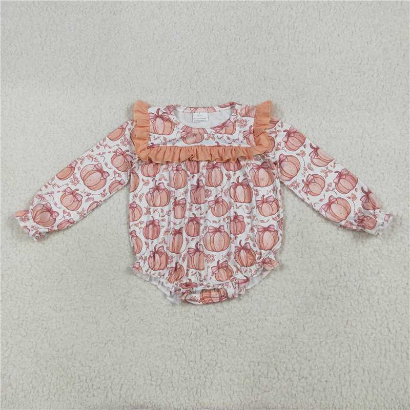 11.10 RTS NO MOQ (In stock)Matching LR2295 Baby Girls Long Ruffle Sleeves Bows Pumpkins Rompers