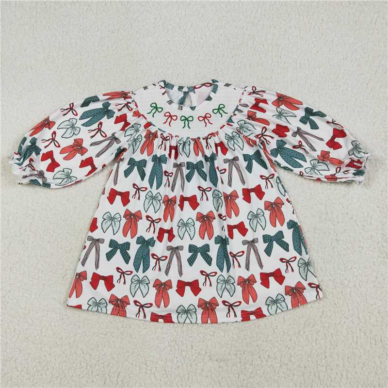 11.20 RTS NO MOQ (In stock)GLD1028 Baby Girls Christmas Colorful Bows Smocked Knee Length Dresses