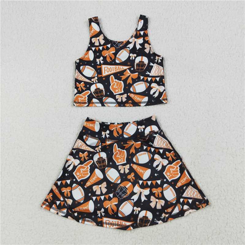 10.18 RTS NO MOQ (In stock)Matching GSD2687 Baby Girls Team Orange Football Bows Vest Top Short Skirts Yoga Sets