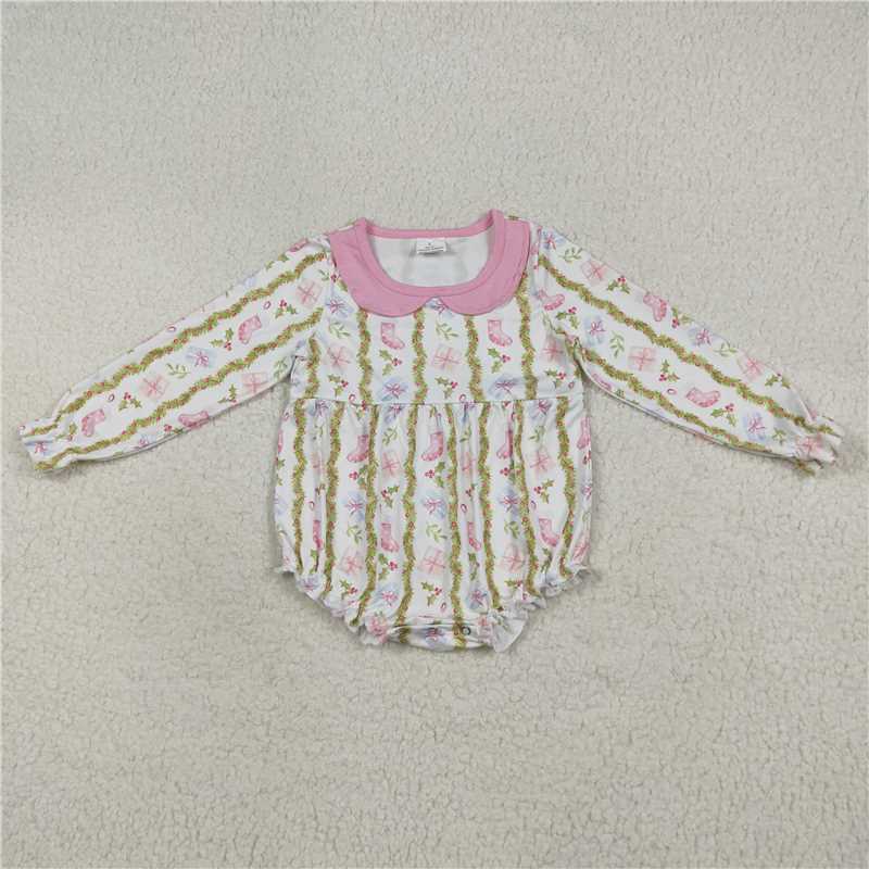 11.28 RTS NO MOQ (In stock)LR2324 Baby Girls Christmas Gifts Floral Stripe Ruffle Rompers