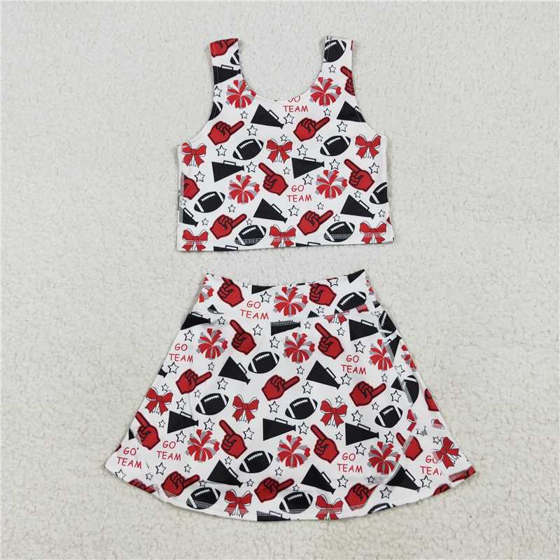 11.20 RTS NO MOQ (In stock)Matching GSD2693 Baby Girls Team Red Football Bows Vest Top Short Skirts Yoga Sets