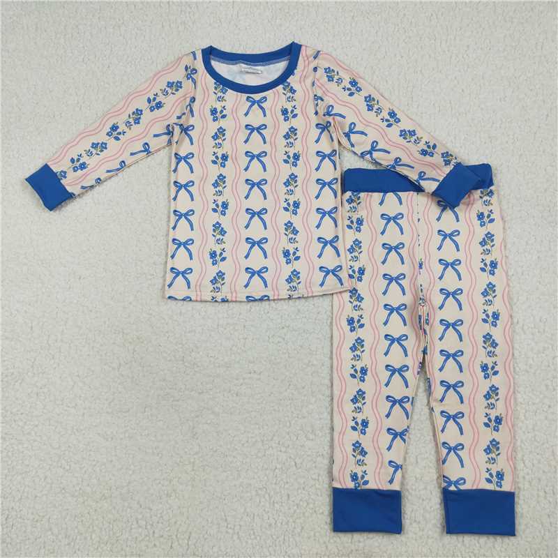 10.17 RTS NO MOQ (In stock) Matching GLP2505 Baby Girls Long Sleeves Blue Bows Flower Stripe Top Pants Pajamas Sets
