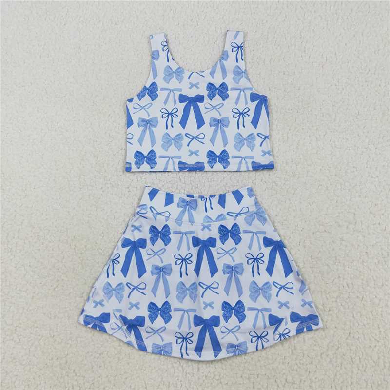 11.20 RTS NO MOQ (In stock)Matching GSD2640 Baby Girls Sleeveless Blue Bows Vest Top Short Skirts Yoga Sets