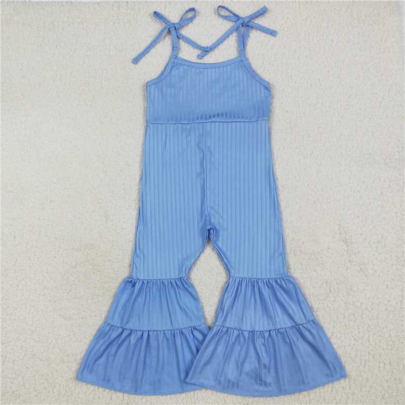 11.18 RTS NO MOQ (In stock)Matching SR3159 Baby Girls Blue Strap Bell Bottom Ribbed Jumpsuits