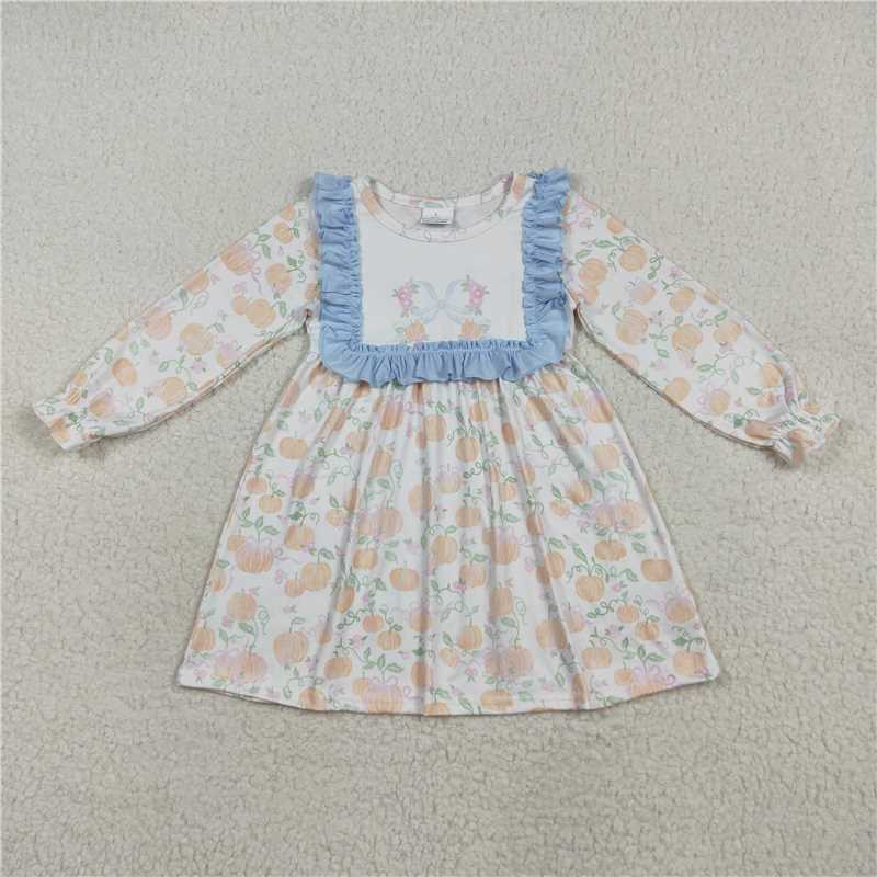 11.20 RTS NO MOQ (In stock)Matching GLD1084 Baby Girls Long Ruffle Sleeves Light Blue Pumpkins Knee Length Dresses