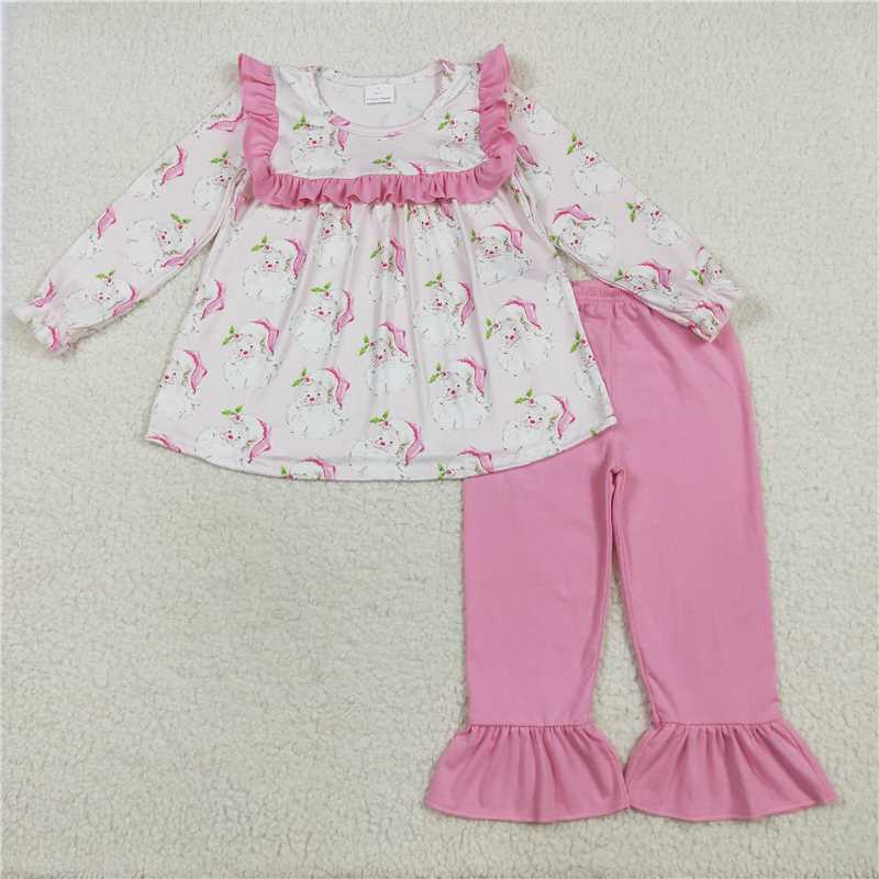 12.9 RTS NO MOQ (In stock)Matching Christmas GLP2345 Baby Girls Christmas Pink Santa Tunic Ruffle Pant Sets