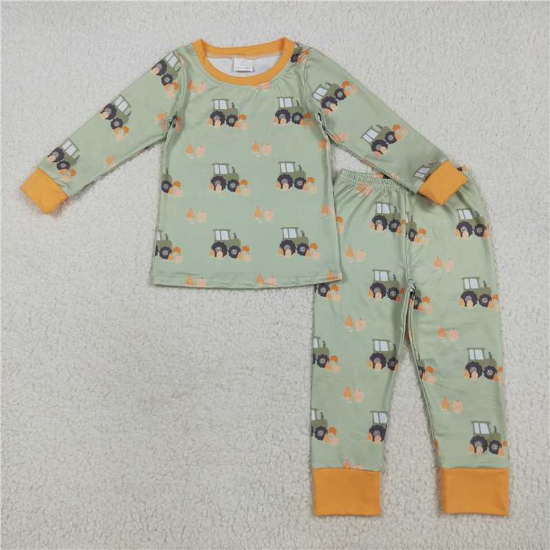 11.10 RTS NO MOQ (In stock) Matching BLP1142 Baby Boys Green Long Sleeves Pumpkins Trucks Top Pant Pajamas Sets