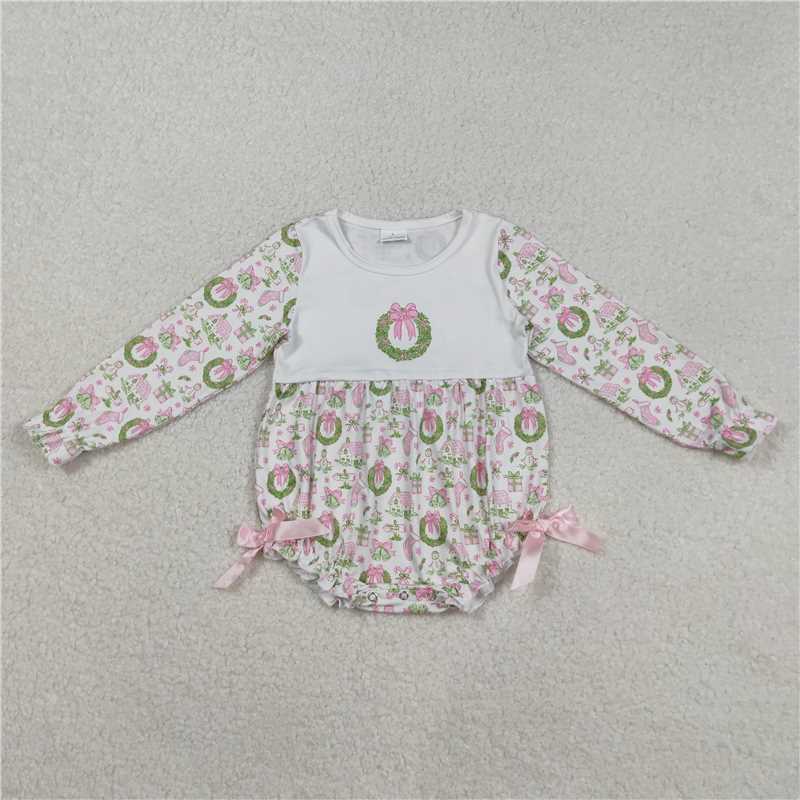11.27 RTS NO MOQ (In stock)LR2325 Baby Girls Pink Gifts Bows Holly Print Christmas Ruffle Rompers