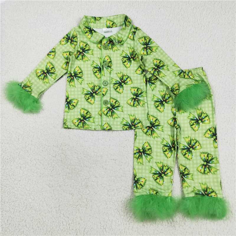 10.20 RTS NO MOQ (In stock) Matching Christmas GLP2581 Baby Girls Fur Sleeve Green Bows Plaid Button Top Pant Christmas Pajamas Set