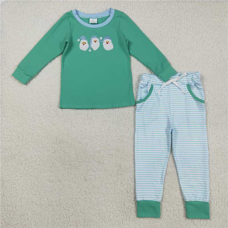 12.8 RTS NO MOQ (In stock)Matching Christmas BLP1168 Embroidery Santa Baby Boys Green Top Stripe Pockets Legging Christmas Set