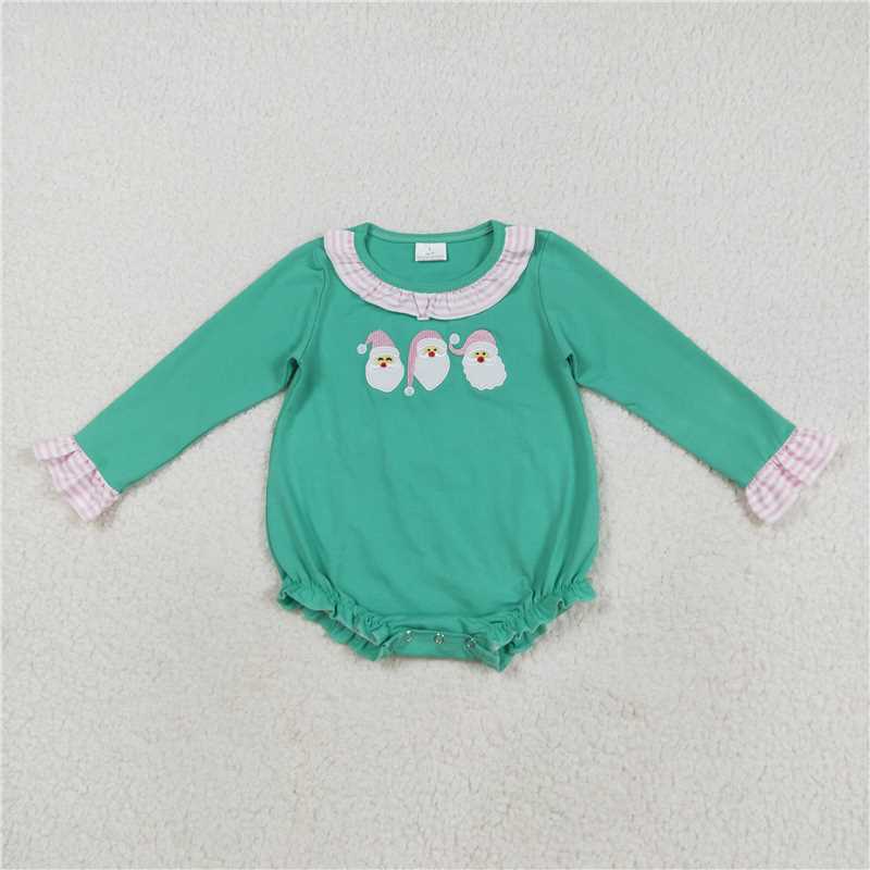 12.8 RTS NO MOQ (In stock)Matching Christmas LR2411 Embroidery Baby Girls Green Christams Santa Ruffle Rompers