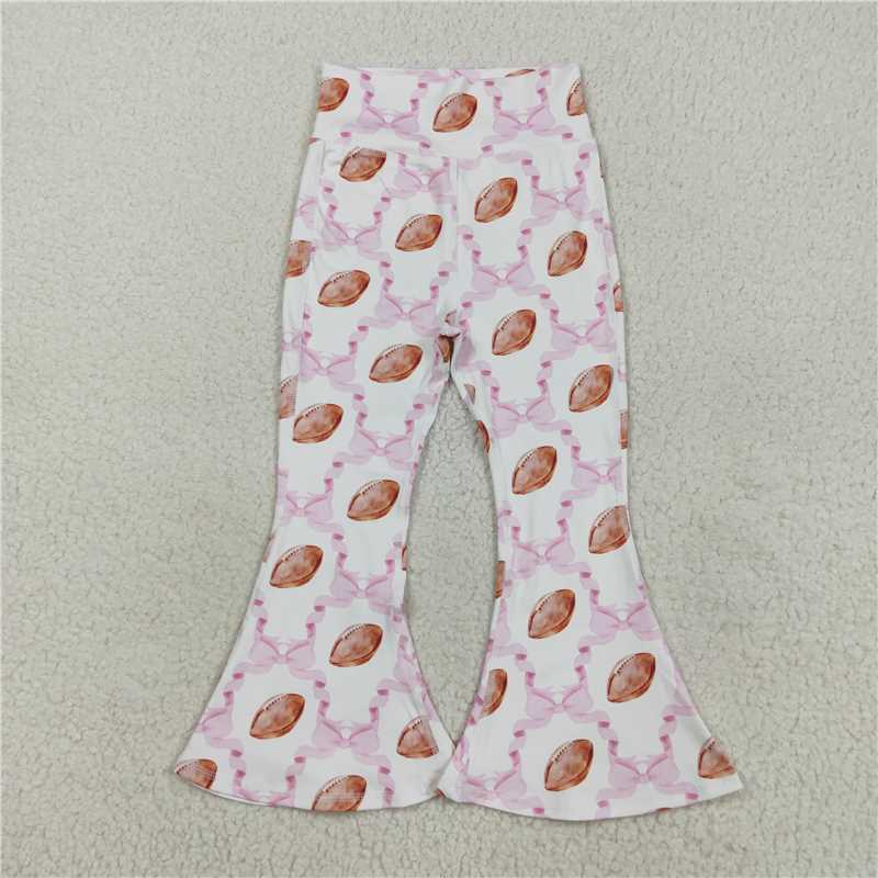 11.7 RTS NO MOQ (In stock)Matching P0780 Baby Girls Pink Bow Footballs Plaid Yoga Active Bell Bottom Pants