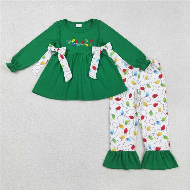 12.8 RTS NO MOQ (In stock)GLP2491 Embroidery Lights Baby Girls Green Bows Tunic Ruffle Pant Christmas Clothes Set