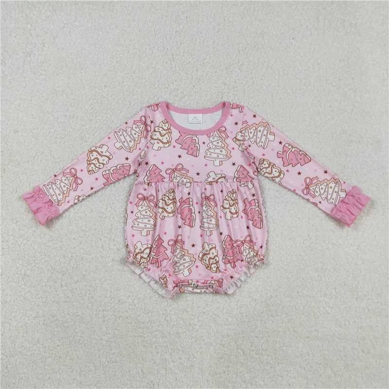 11.27 RTS NO MOQ (In stock)LR2301 Baby Girls Long Ruffle Sleeves Pink Bows Christmas Trees Plaid Rompers