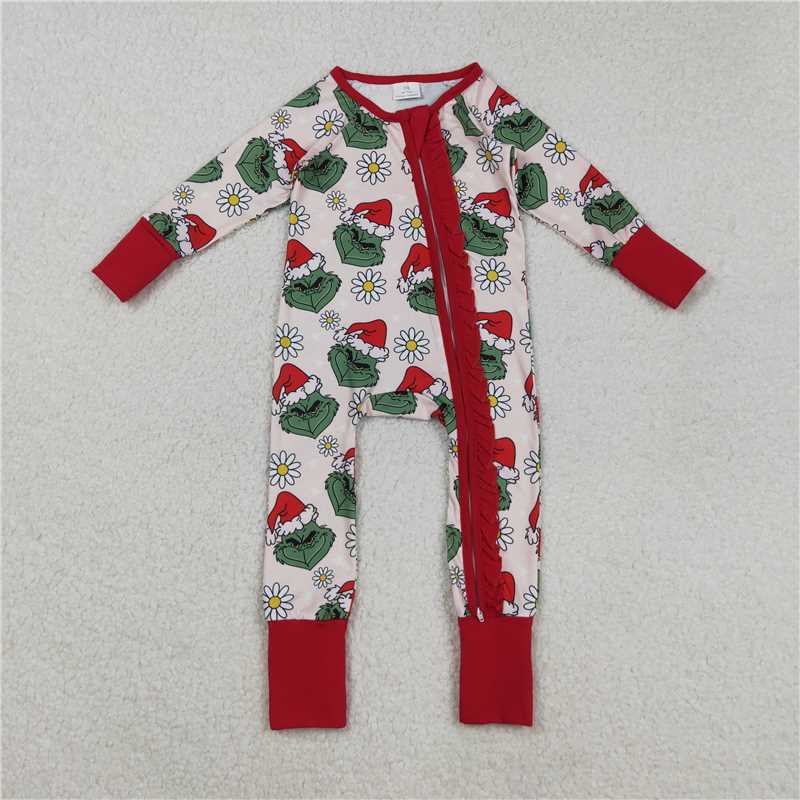 12.1 RTS NO MOQ (In stock)Matching Christmas LR2489 Baby Girls Green Face Flowers Ruffle Zipper Christmas Rompers