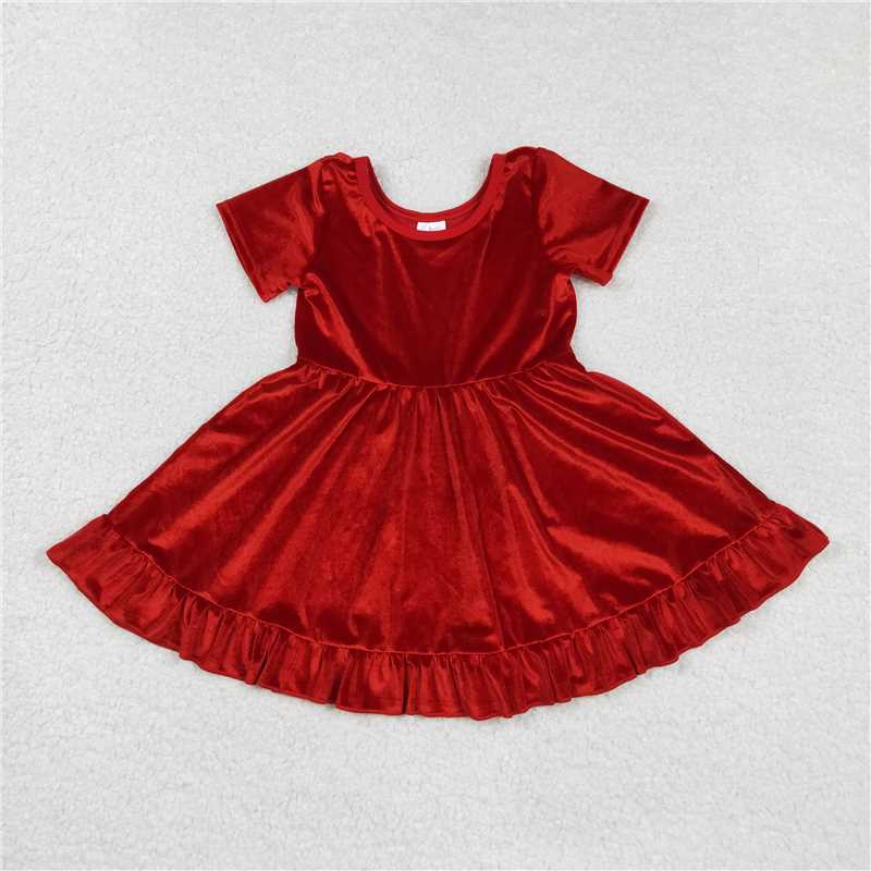 11.15 RTS NO MOQ (In stock)GSD2614 Baby Girls Short Sleeves Red Velvet Ruffle Knee Length Dresses