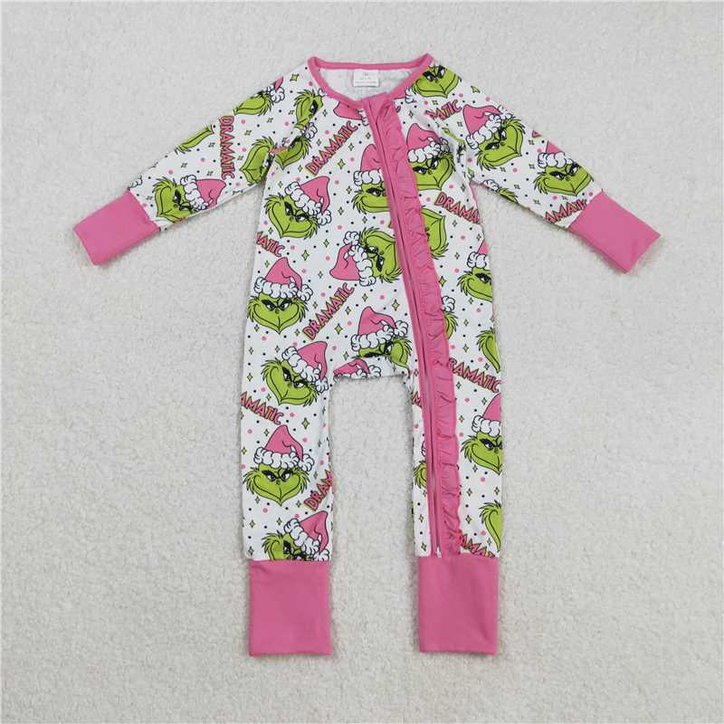 11.11 RTS NO MOQ (In stock)Matching Christmas LR2495 Baby Girls Green Faces Stars Ruffle Zipper Christmas Rompers