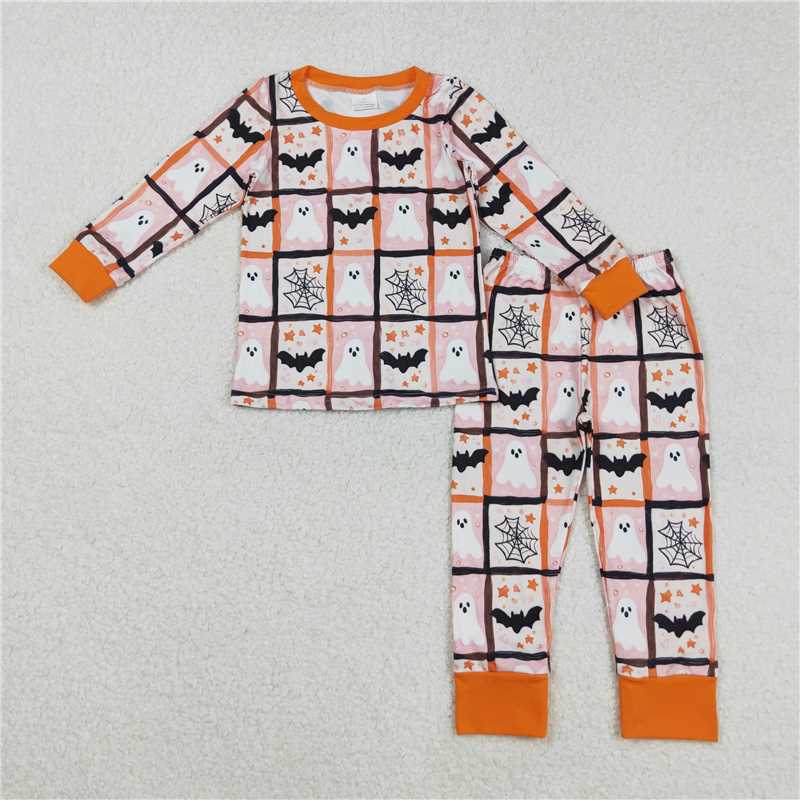11.19 RTS NO MOQ (In stock)Matching Halloween GLP2682 Baby Girls Ghosts Bats Plaid Top Pants Halloween Pajamas Set