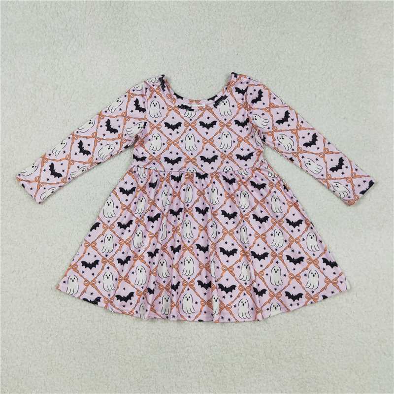 12.1 RTS NO MOQ (In stock)Matching GLD1232 Baby Girls Pink Halloween Bows Bats Ghosts Knee Length Dresses