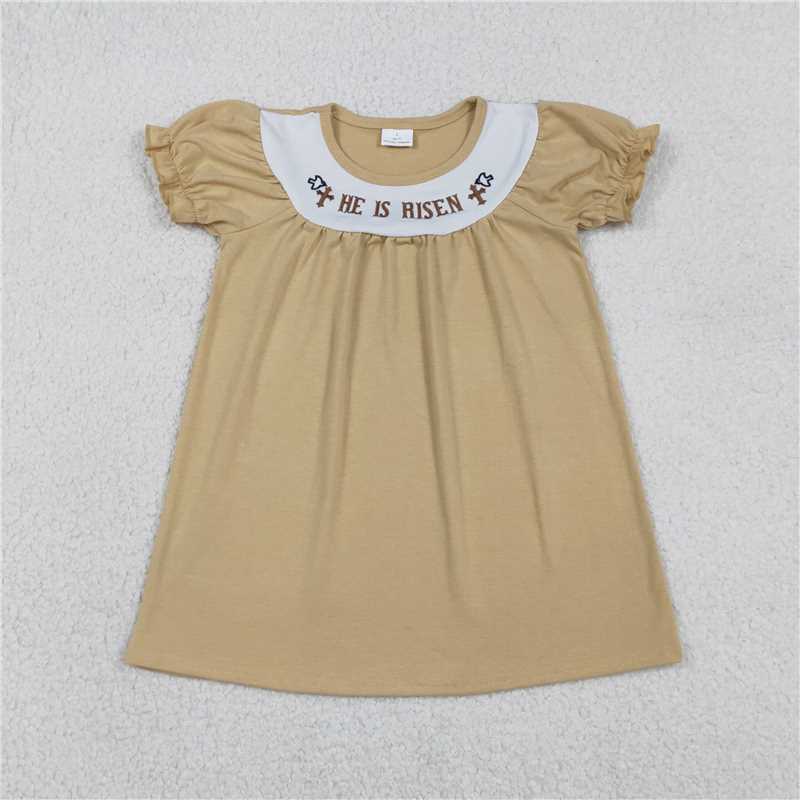 1.5 RTS NO MOQ (In stock)Matching Easter GSD3123 Embroidery Crosses He is Risen Baby Girls Khaki Easter Knee Length Dresses