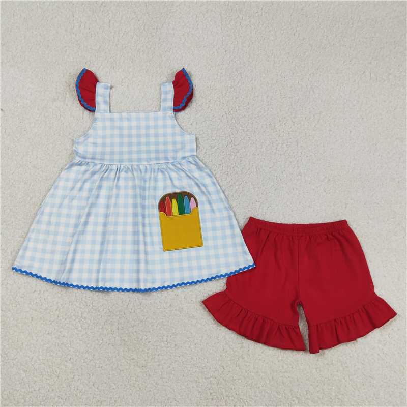 USA Warehouse (IN STOCK) GSSO3101 Kids Clothing for Girls Baby Girls Embroidery Pencils Checked Tunic Ruffle Shorts Back to School Sets