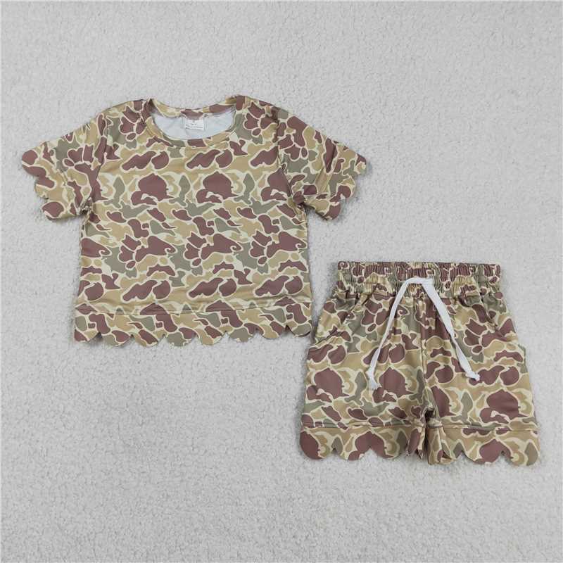 USA Warehouse (IN STOCK) GSSO3224 Kids Clothing for Baby Girls Short Sleeve Khaki Camo Top Scallop Shorts Clothes Set