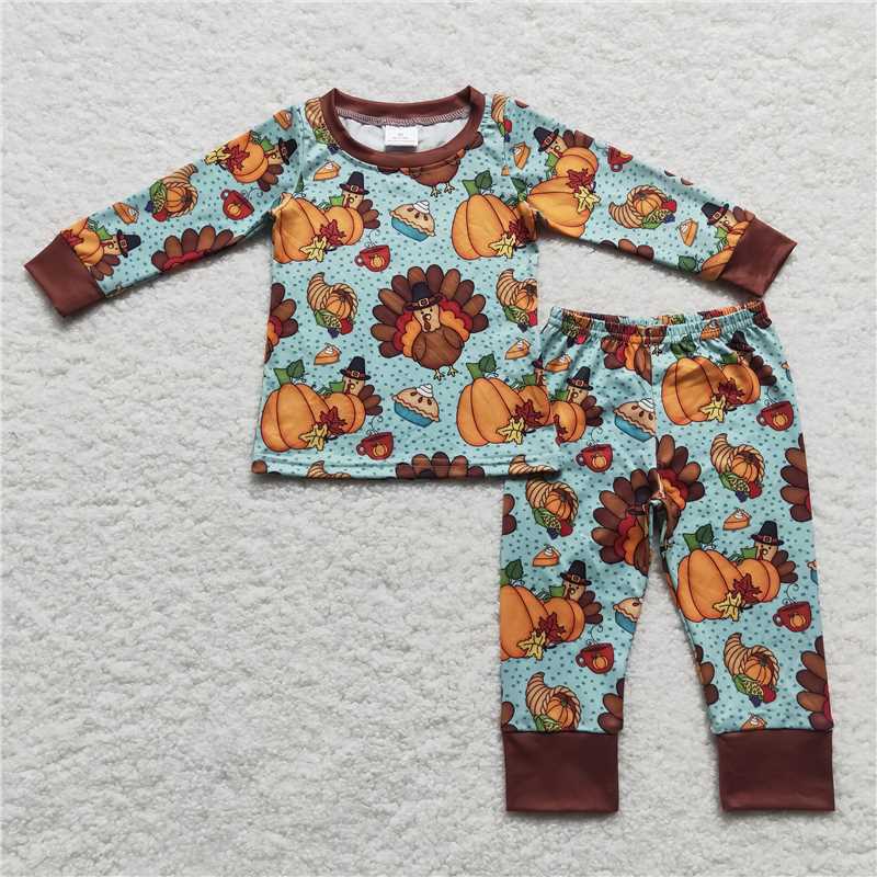BLP0287 Boys Pumpkin Turkey Blue Brown Long Sleeve Pants Pajama Set