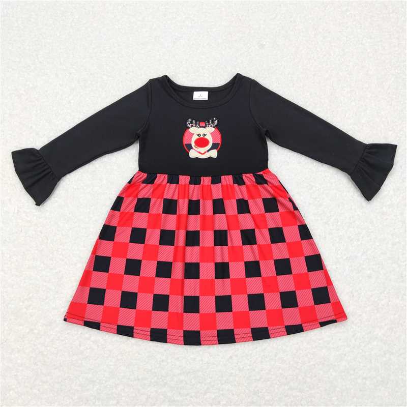 GLD0423 Baby Girls Christmas Deer Ruffle Long Sleeve Knee Length Dresses